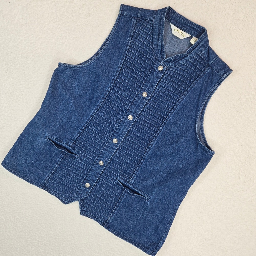 Orvis Denim Vest Womens 16 Blue Pintuck Pleated Button Front Mandarin Collar Top - Picture 2 of 12